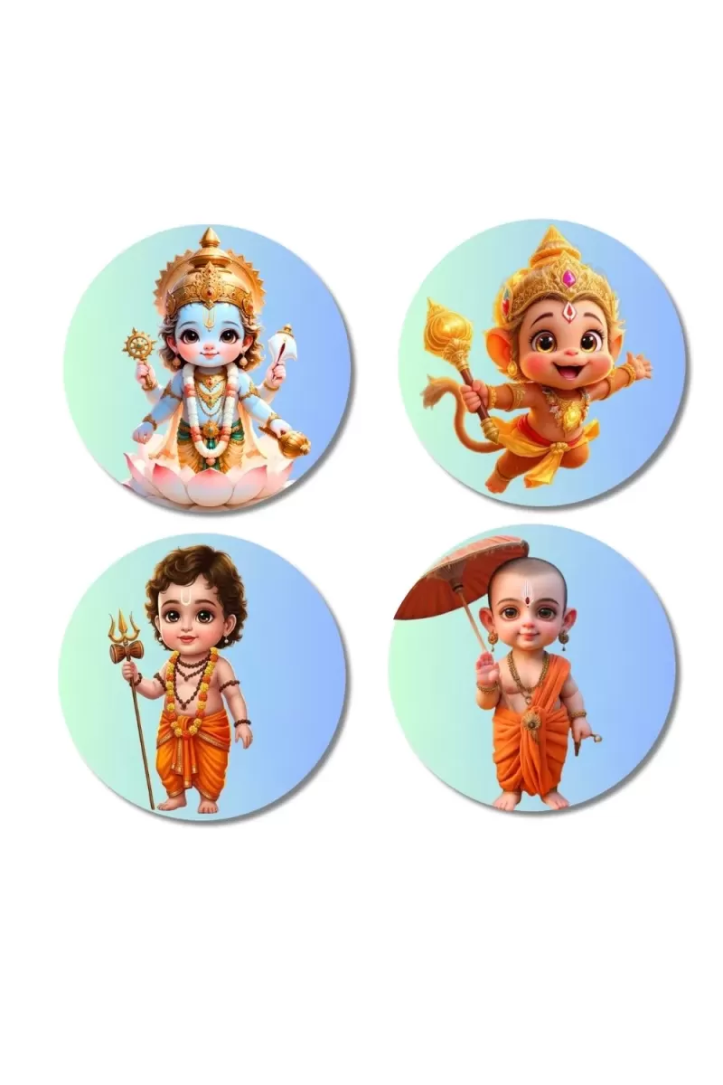 Vishnu, Hanuman, Kartikeya, Vamana Fridge Magnets Ã¢â‚¬â€œ 4 Piece Set | 3 Inch Round Wall Fridge Decor (F23219)