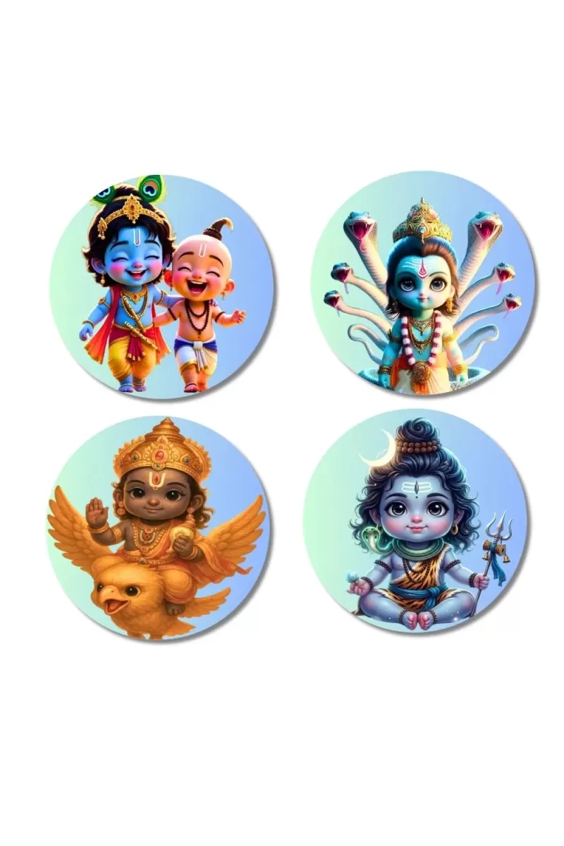 Krishna And Sudama, Vishnu On Garuda, Shiva Fridge Magnets Ã¢â‚¬â€œ 4 Piece Set | 3 Inch Round Wall Fridge Decor (F23220)