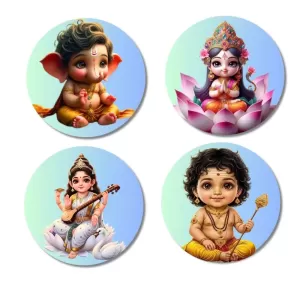 Ganesha, Lakshmi, Saraswati, Krishna Fridge Magnets Ã¢â‚¬â€œ 4 Piece Set | 3 Inch Round Wall Fridge Decor (F23223)