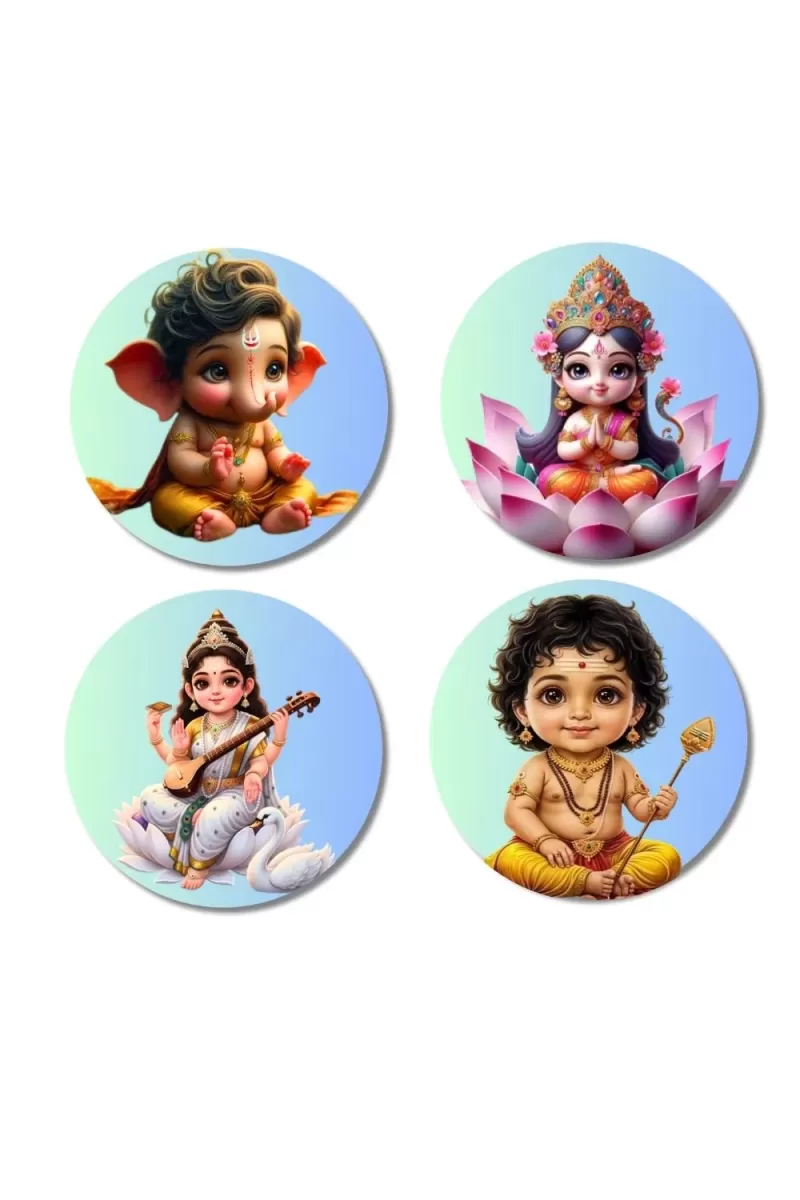 Ganesha, Lakshmi, Saraswati, Krishna Fridge Magnets Ã¢â‚¬â€œ 4 Piece Set | 3 Inch Round Wall Fridge Decor (F23223)