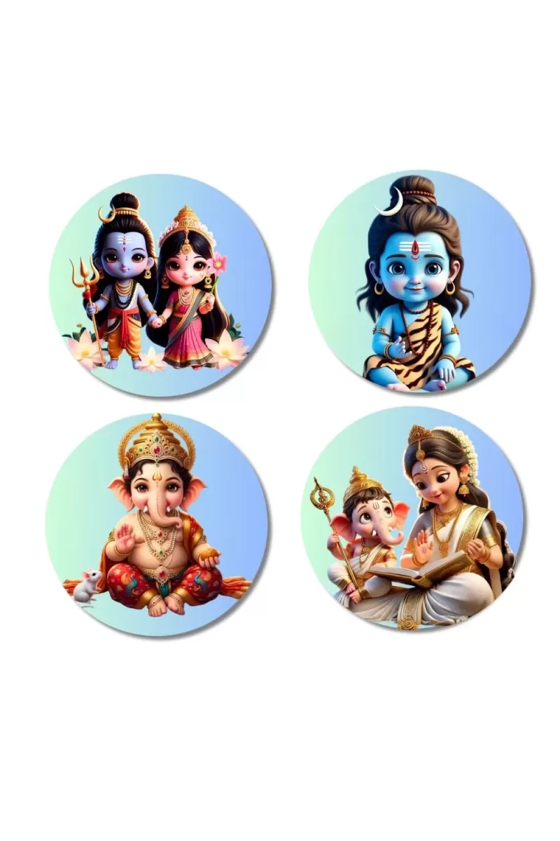 Radha Krishna, Shiva, Ganesha, Shiv Parvati With Ganesha Fridge Magnets Ã¢â‚¬â€œ 4 Piece Set | 3 Inch Round Wall Fridge Decor (F23224)