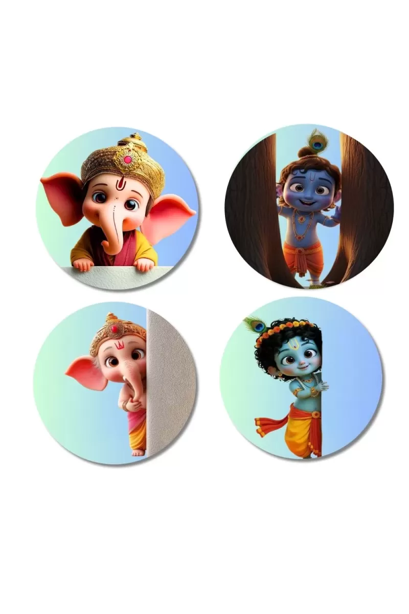 Ganesha, Krishna, Ganesha, Krishna Fridge Magnets Ã¢â‚¬â€œ 4 Piece Set | 3 Inch Round Wall Fridge Decor (F23225)