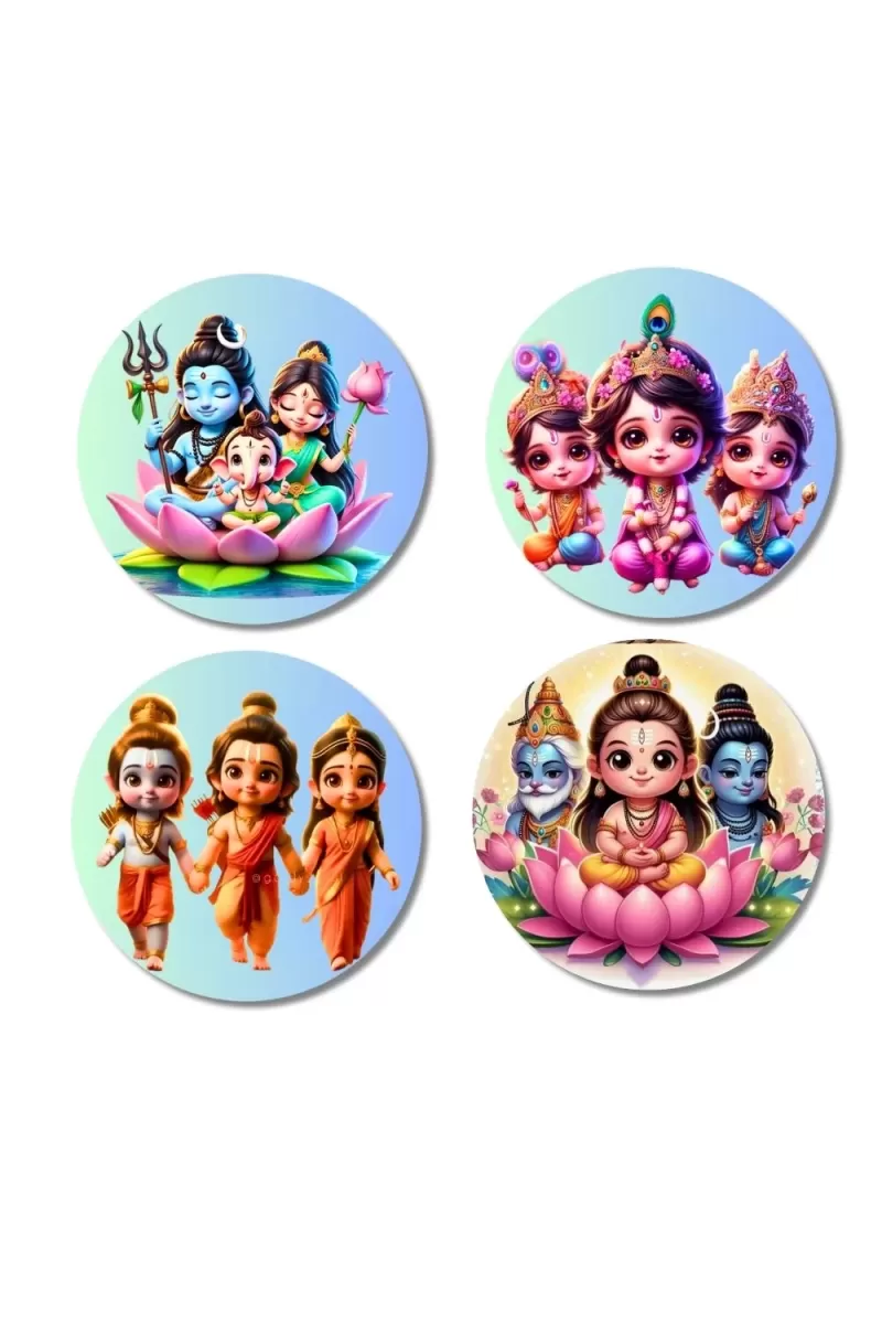 Shiva, Parvati, Ganesha, Kartikeya Fridge Magnets Ã¢â‚¬â€œ 4 Piece Set | 3 Inch Round Wall Fridge Decor (F23228)