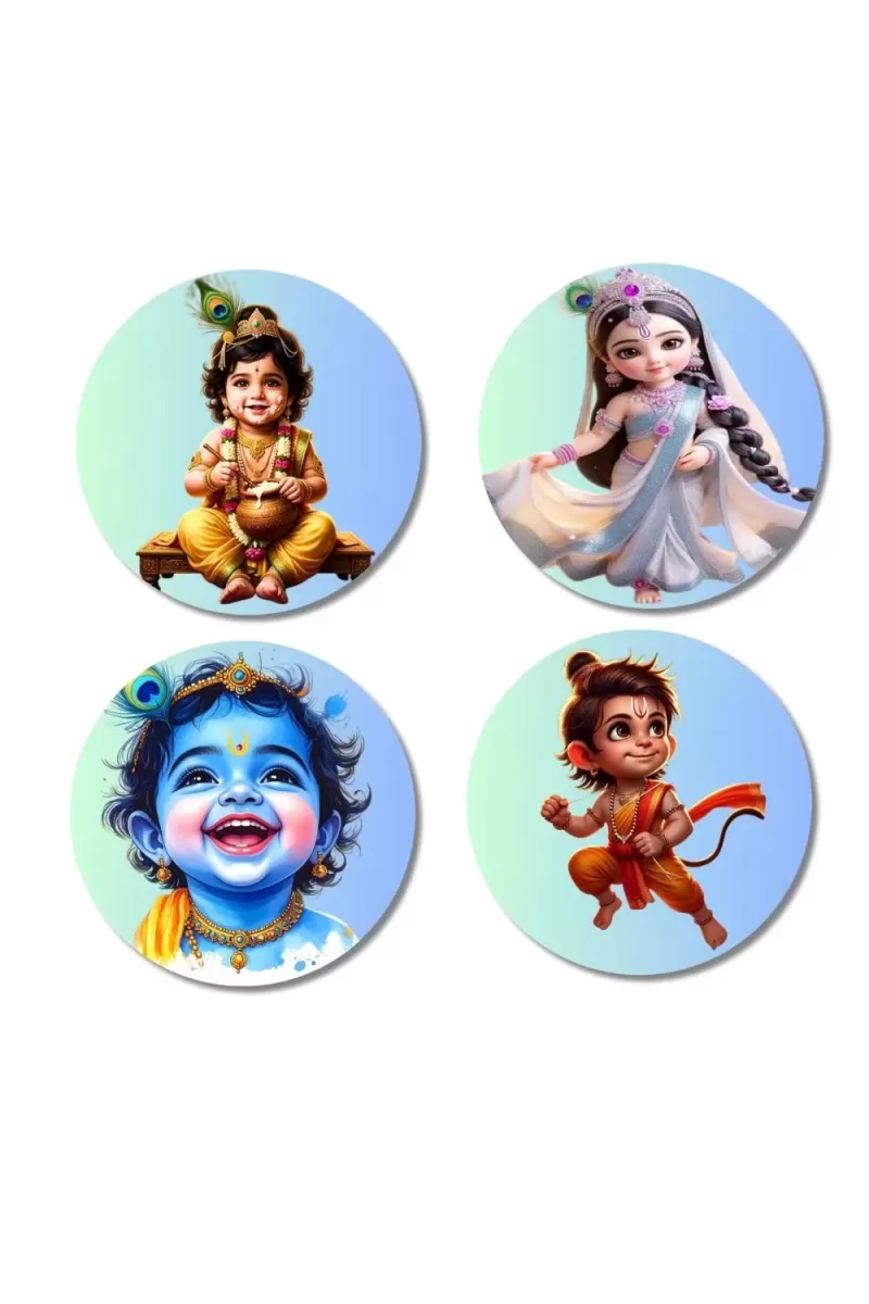 Balarama, Krishna, Sudama Fridge Magnets Ã¢â‚¬â€œ 4 Piece Set | 3 Inch Round Wall Fridge Decor (F23250)