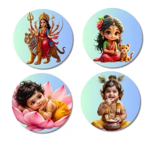 Durga, Parvati, Lakshmi, Krishna Fridge Magnets Ã¢â‚¬â€œ 4 Piece Set | 3 Inch Round Wall Fridge Decor (F23252)
