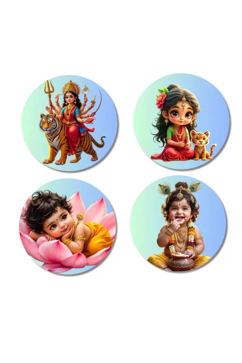Durga, Parvati, Lakshmi, Krishna Fridge Magnets Ã¢â‚¬â€œ 4 Piece Set | 3 Inch Round Wall Fridge Decor (F23252)