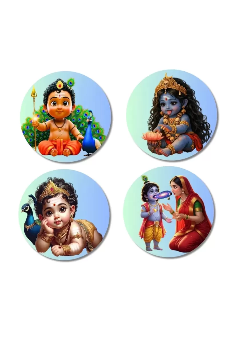 Krishna & Yashoda Fridge Magnets Ã¢â‚¬â€œ 4 Piece Set | 3 Inch Round Wall Fridge Decor (F23253)
