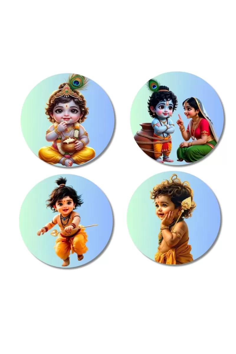 Yashoda, Bal Krishna, Baby Hanuman Fridge Magnets Ã¢â‚¬â€œ 4 Piece Set | 3 Inch Round Wall Fridge Decor (F23254)