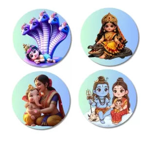 Vasuki-Krishna, Baby Durga, Yashoda-Ganesh, Shiva-Parvati Fridge Magnets Ã¢â‚¬â€œ 4 Piece Set | 3 Inch Round Wall Fridge Decor (F23255)