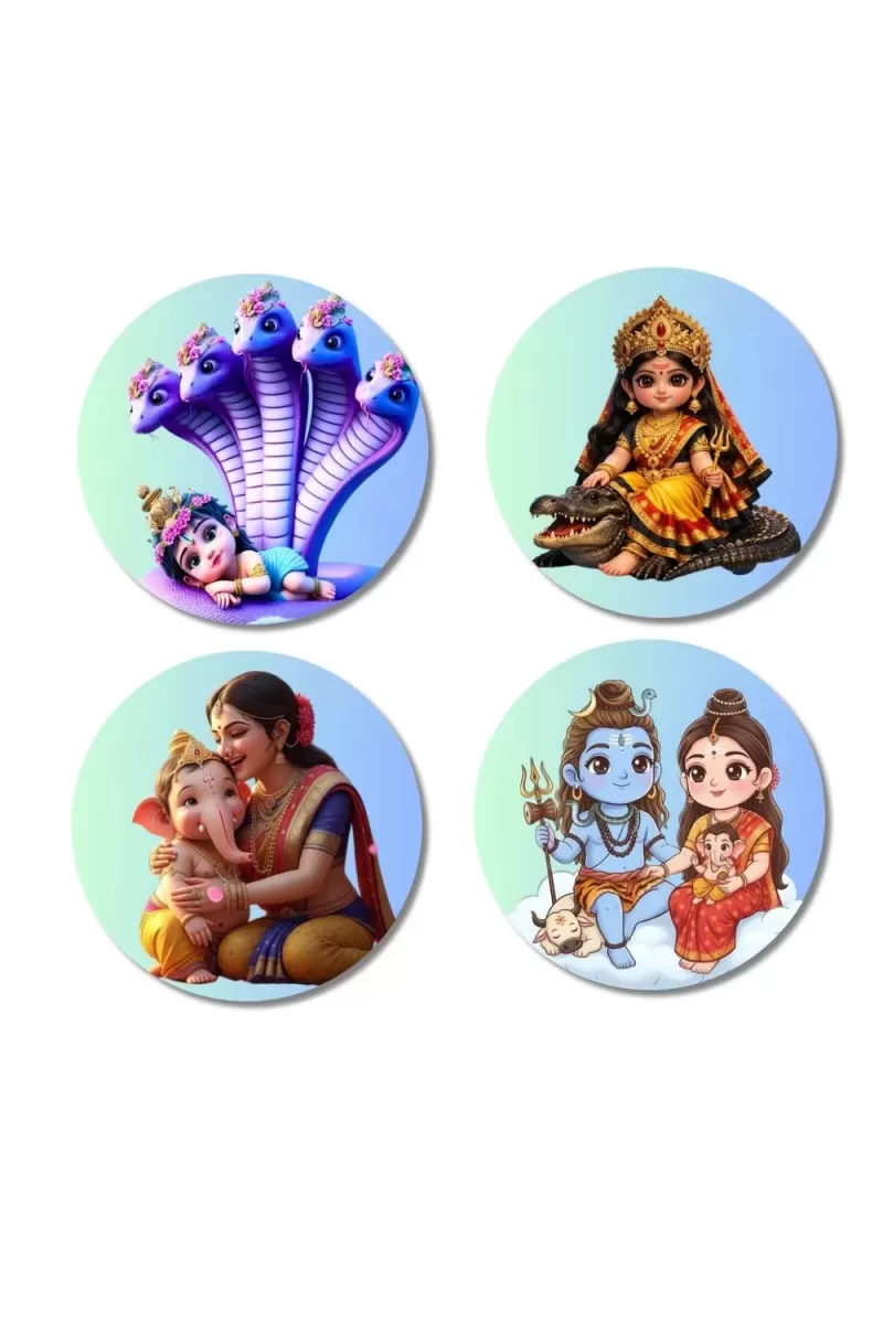 Vasuki-Krishna, Baby Durga, Yashoda-Ganesh, Shiva-Parvati Fridge Magnets Ã¢â‚¬â€œ 4 Piece Set | 3 Inch Round Wall Fridge Decor (F23255)