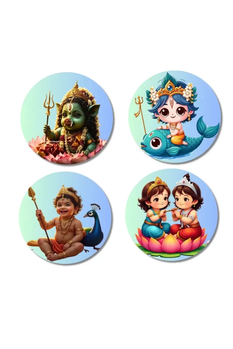 Lakshmi, Matsya (Vishnu), Murugan, LakshmiÃ¢â‚¬â€œVishnu Fridge Magnets Ã¢â‚¬â€œ 4 Piece Set | 3 Inch Round Wall Fridge Decor (F23256)