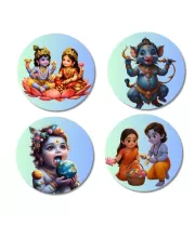 Ganesha, Krishna, Krishna-Yashoda Fridge Magnets Ã¢â‚¬â€œ 4 Piece Set | 3 Inch Round Wall Fridge Decor (F23258)