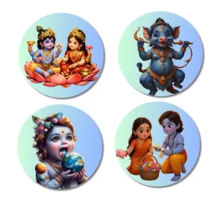Ganesha, Krishna, Krishna-Yashoda Fridge Magnets Ã¢â‚¬â€œ 4 Piece Set | 3 Inch Round Wall Fridge Decor (F23258)