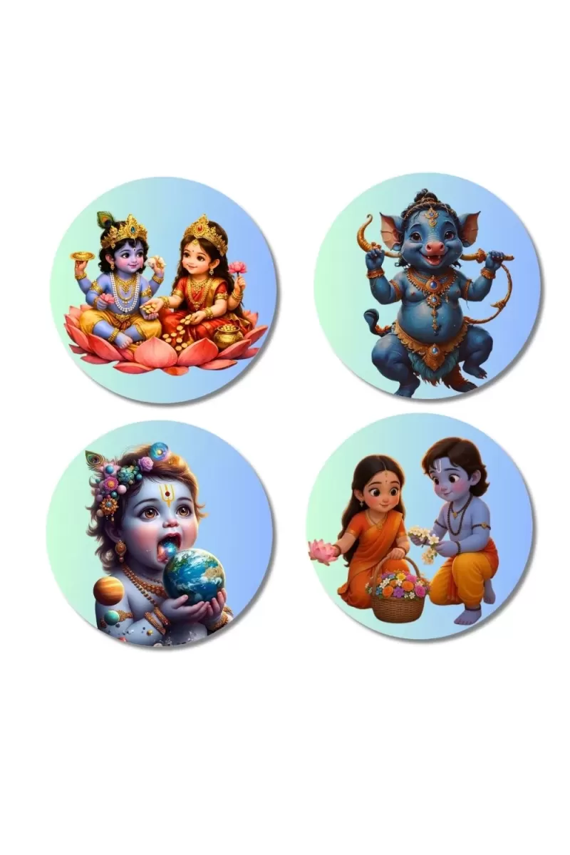 Ganesha, Krishna, Krishna-Yashoda Fridge Magnets Ã¢â‚¬â€œ 4 Piece Set | 3 Inch Round Wall Fridge Decor (F23258)