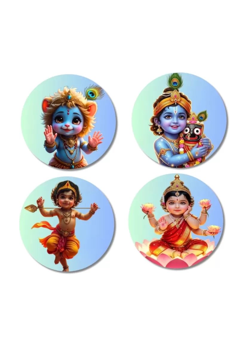 Krishna, Baby Lakshmi Fridge Magnets Ã¢â‚¬â€œ 4 Piece Set | 3 Inch Round Wall Fridge Decor (F23259)