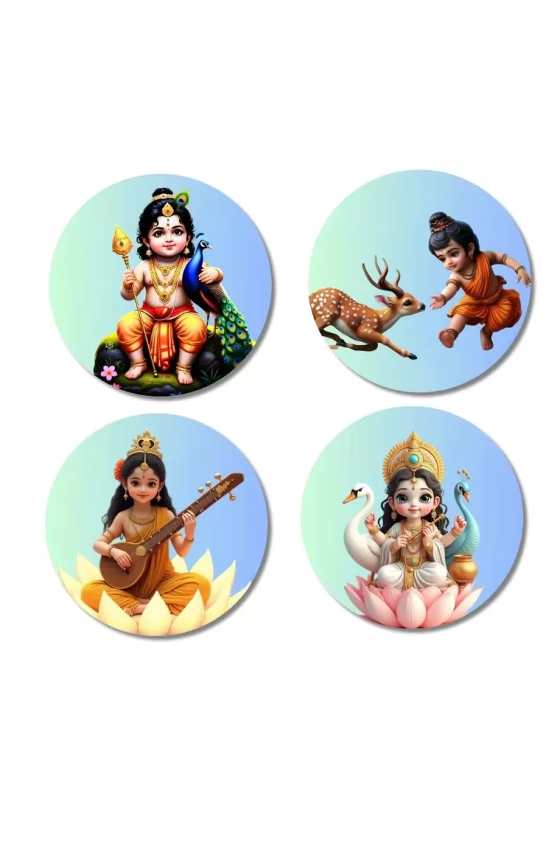 Krishna, Krishna, Saraswati, Lakshmi Fridge Magnets Ã¢â‚¬â€œ 4 Piece Set | 3 Inch Round Wall Fridge Decor (F23261)