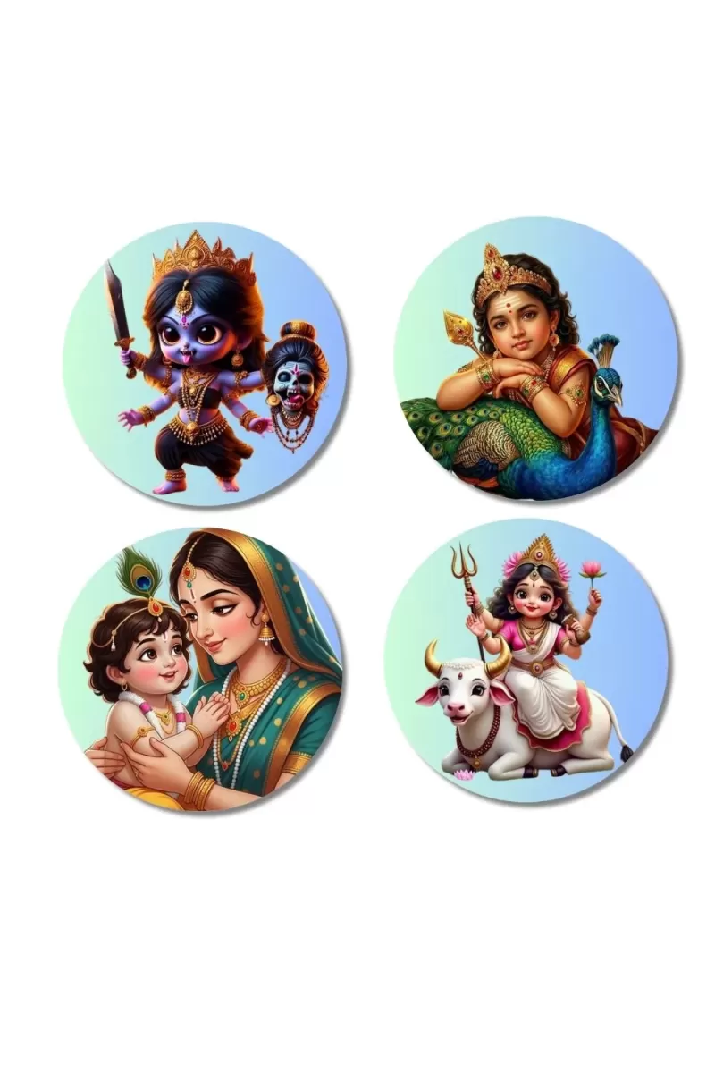 Kali, Krishna, Yashoda-Krishna, Durga Fridge Magnets Ã¢â‚¬â€œ 4 Piece Set | 3 Inch Round Wall Fridge Decor (F23265)