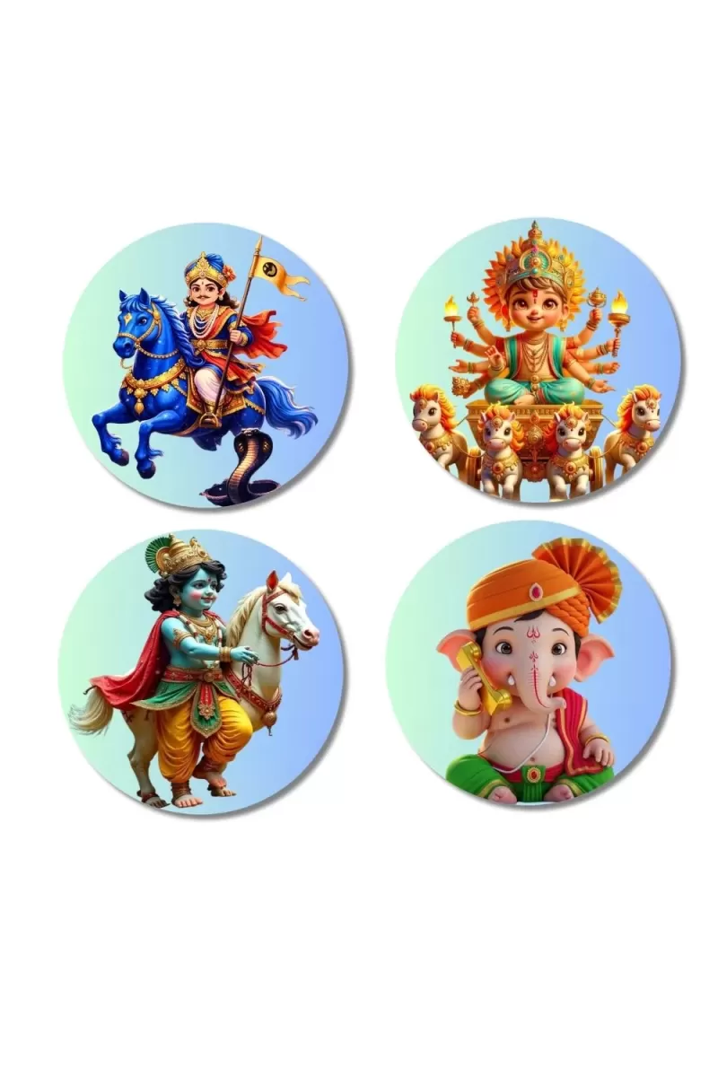 Murugan, Durga, Krishna, Ganesha Fridge Magnets Ã¢â‚¬â€œ 4 Piece Set | 3 Inch Round Wall Fridge Decor (F23267)