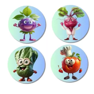Grape, Radish, Cucumber, Tomato Fridge Magnets Ã¢â‚¬â€œ 4 Piece Set | 3 Inch Round Wall Fridge Decor (F23279)