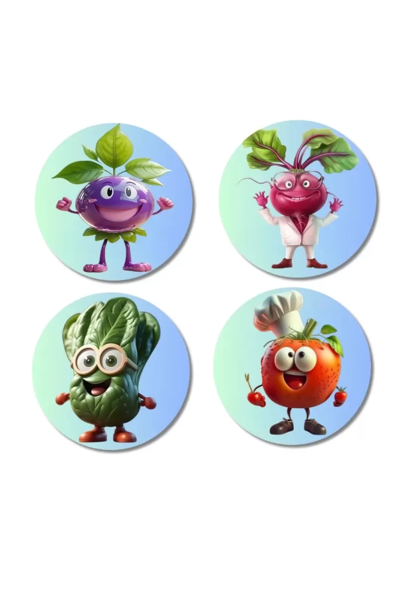 Grape, Radish, Cucumber, Tomato Fridge Magnets Ã¢â‚¬â€œ 4 Piece Set | 3 Inch Round Wall Fridge Decor (F23279)