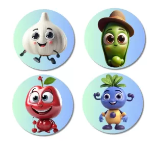 Garlic, Cucumber, Apple, Blueberry Fridge Magnets – 4 Piece Set | 3 Inch Round Wall Fridge Decor (F23280) Garlic, Cucumber, Apple, Blueberry Fridge Magnets – 4 Piece Set | 3 Inch Round Wall Fridge Decor (F23280)