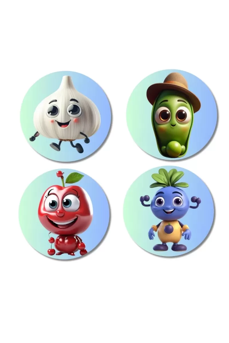 Garlic, Cucumber, Apple, Blueberry Fridge Magnets Ã¢â‚¬â€œ 4 Piece Set | 3 Inch Round Wall Fridge Decor (F23280)