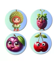 Durian, Strawberry, Plum, Cherry Fridge Magnets Ã¢â‚¬â€œ 4 Piece Set | 3 Inch Round Wall Fridge Decor (F23283)