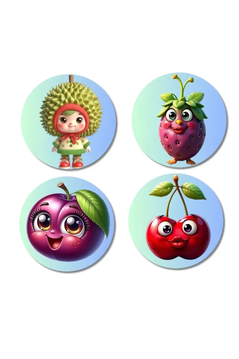 Durian, Strawberry, Plum, Cherry Fridge Magnets Ã¢â‚¬â€œ 4 Piece Set | 3 Inch Round Wall Fridge Decor (F23283)