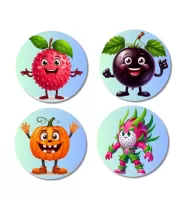 Lychee, Mangosteen, Pumpkin, Dragon Fruit Fridge Magnets Ã¢â‚¬â€œ 4 Piece Set | 3 Inch Round Wall Fridge Decor (F23284)