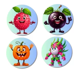 Lychee, Mangosteen, Pumpkin, Dragon Fruit Fridge Magnets – 4 Piece Set | 3 Inch Round Wall Fridge Decor (F23284) Lychee, Mangosteen, Pumpkin, Dragon Fruit Fridge Magnets – 4 Piece Set | 3 Inch Round Wall Fridge Decor (F23284)