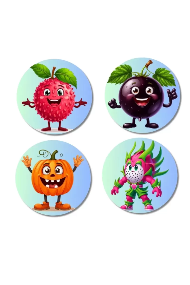Lychee, Mangosteen, Pumpkin, Dragon Fruit Fridge Magnets Ã¢â‚¬â€œ 4 Piece Set | 3 Inch Round Wall Fridge Decor (F23284)