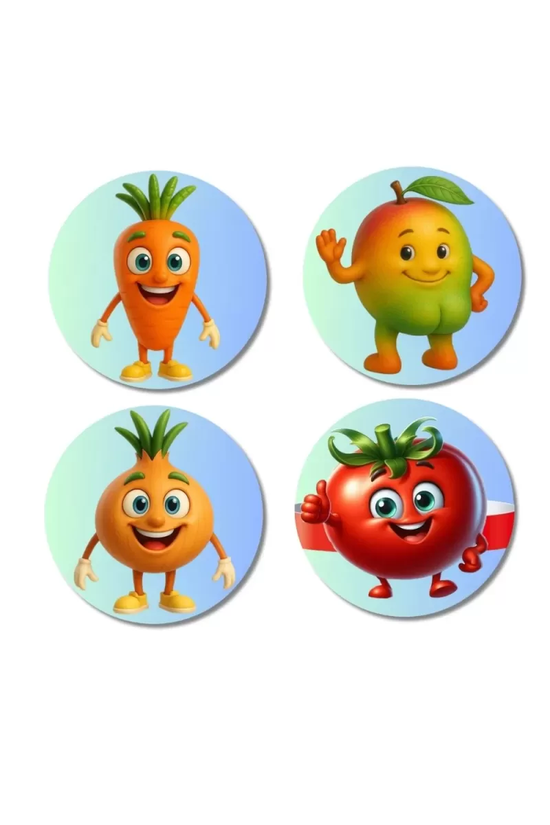 Carrot, Mango, Onion, Tomato Fridge Magnets Ã¢â‚¬â€œ 4 Piece Set | 3 Inch Round Wall Fridge Decor (F23285)