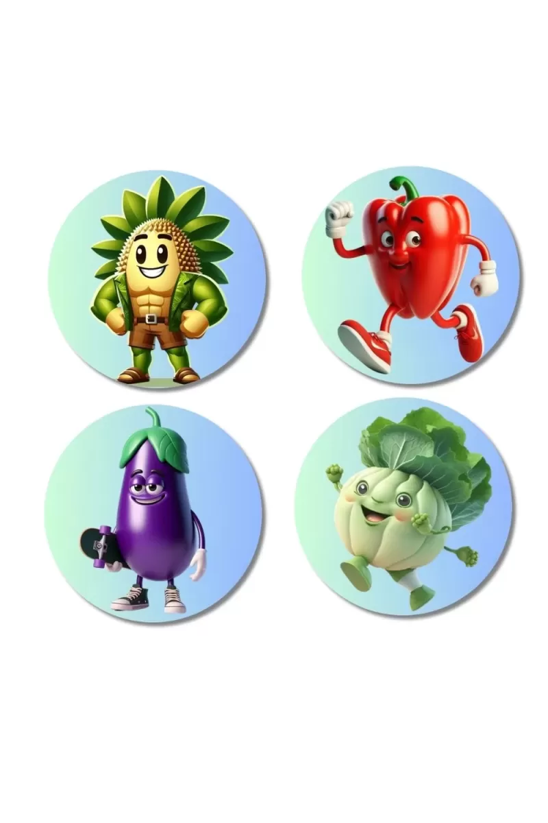 Custard Apple, Capsicum, Eggplant, Cabbage Fridge Magnets Ã¢â‚¬â€œ 4 Piece Set | 3 Inch Round Wall Fridge Decor (F23286)