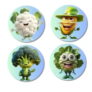 Cauliflower, Corn, Broccoli, Lettuce Fridge Magnets Ã¢â‚¬â€œ 4 Piece Set | 3 Inch Round Wall Fridge Decor (F23287)