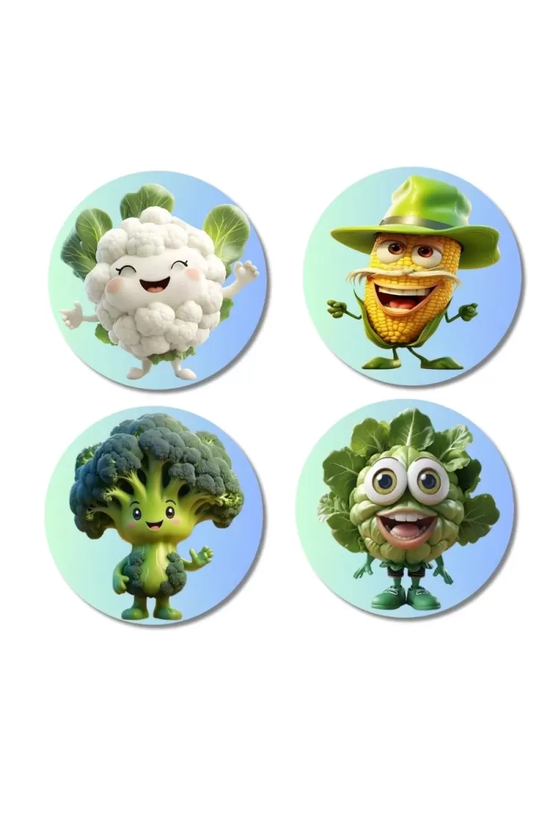 Cauliflower, Corn, Broccoli, Lettuce Fridge Magnets Ã¢â‚¬â€œ 4 Piece Set | 3 Inch Round Wall Fridge Decor (F23287)