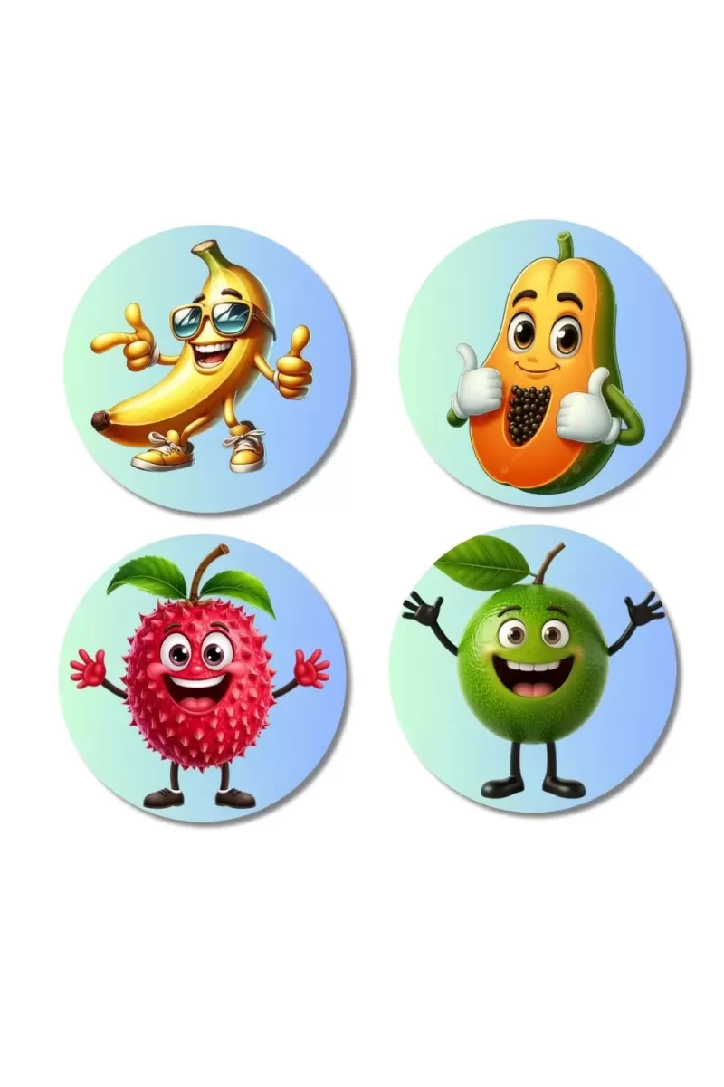 Banana, Papaya, Lychee, Green Apple Fridge Magnets Ã¢â‚¬â€œ 4 Piece Set | 3 Inch Round Wall Fridge Decor (F23270)