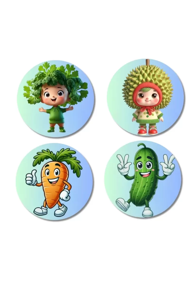Kale, Durian, Carrot, Cucumber Fridge Magnets Ã¢â‚¬â€œ 4 Piece Set | 3 Inch Round Wall Fridge Decor (F23288)
