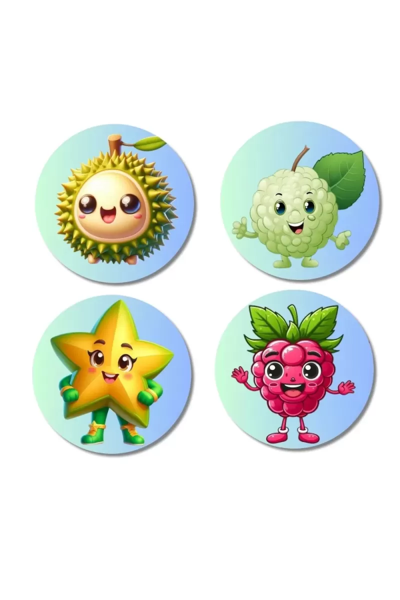 Durian, Custard Apple, Starfruit, Raspberry Fridge Magnets Ã¢â‚¬â€œ 4 Piece Set | 3 Inch Round Wall Fridge Decor (F23272)
