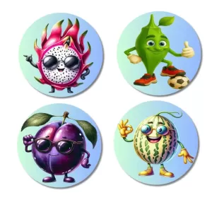 Dragon Fruit, Mango, Plum, Melon Fridge Magnets Ã¢â‚¬â€œ 4 Piece Set | 3 Inch Round Wall Fridge Decor (F23273)