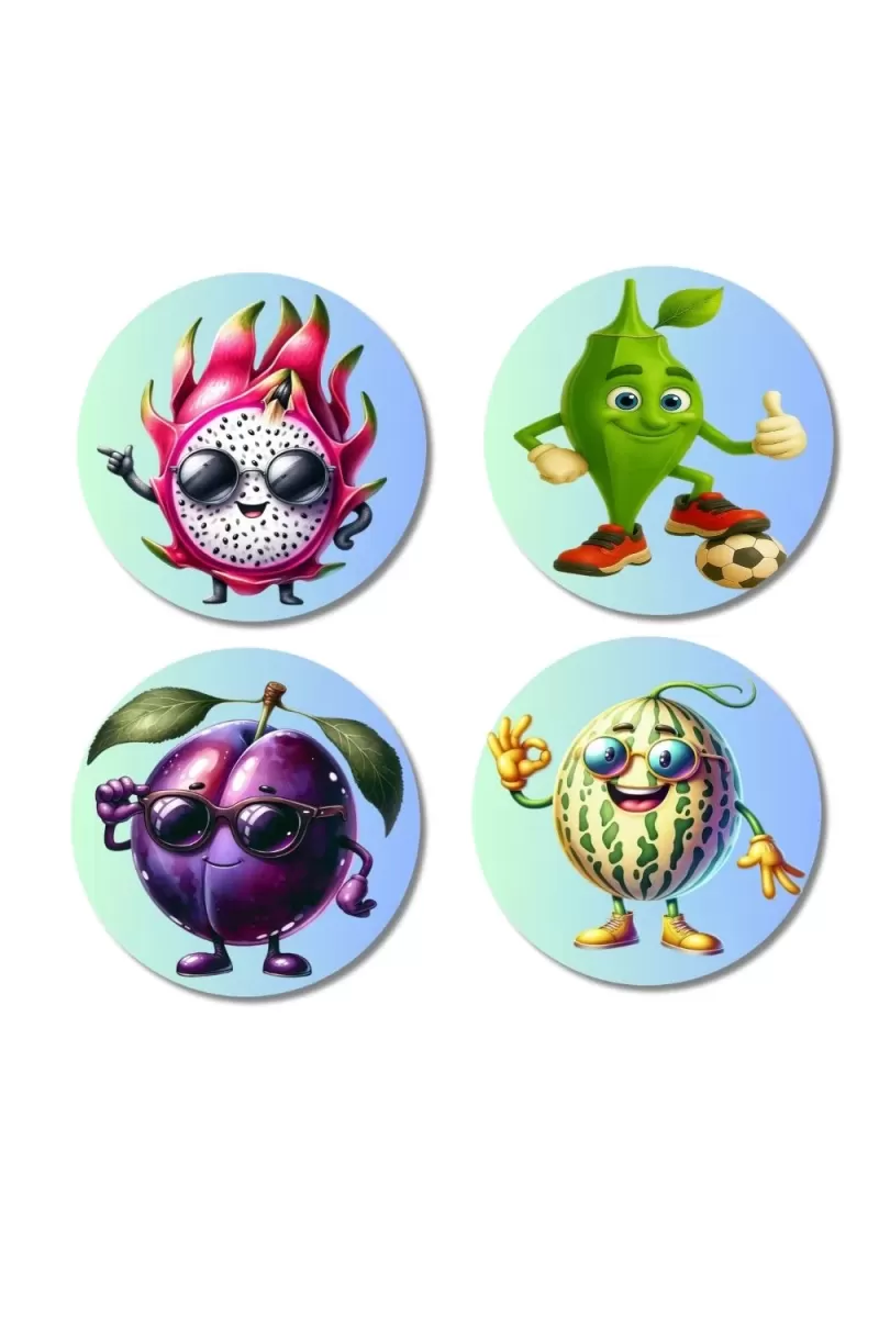 Dragon Fruit, Mango, Plum, Melon Fridge Magnets Ã¢â‚¬â€œ 4 Piece Set | 3 Inch Round Wall Fridge Decor (F23273)