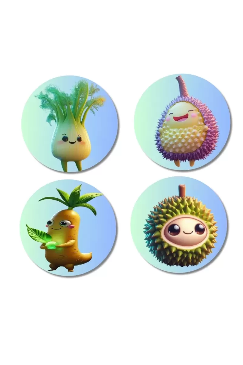 Fennel, Fig, Carrot, Durian Fridge Magnets Ã¢â‚¬â€œ 4 Piece Set | 3 Inch Round Wall Fridge Decor (F23296)