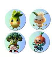 Radish, Garlic, Broccoli, Onion Fridge Magnets Ã¢â‚¬â€œ 4 Piece Set | 3 Inch Round Wall Fridge Decor (F23297)