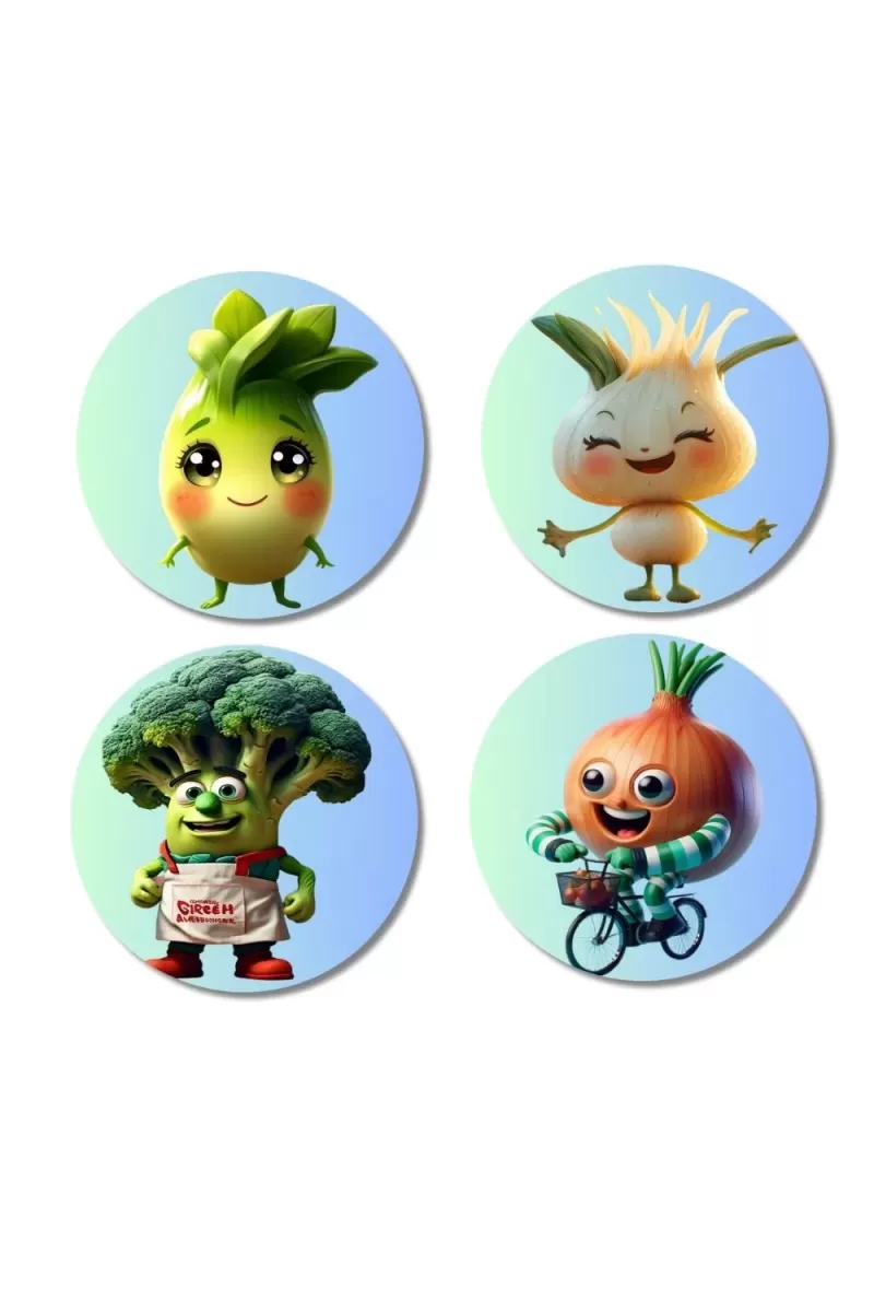 Radish, Garlic, Broccoli, Onion Fridge Magnets Ã¢â‚¬â€œ 4 Piece Set | 3 Inch Round Wall Fridge Decor (F23297)
