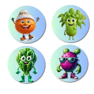 Orange, Celery, Spinach, Dragon Fruit Fridge Magnets Ã¢â‚¬â€œ 4 Piece Set | 3 Inch Round Wall Fridge Decor (F23298)