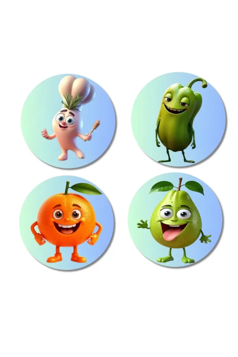 Garlic, Bitter Gourd, Orange, Guava Fridge Magnets Ã¢â‚¬â€œ 4 Piece Set | 3 Inch Round Wall Fridge Decor (F23300)