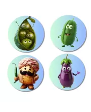 Peas, Cucumber, Potato, Eggplant Fridge Magnets Ã¢â‚¬â€œ 4 Piece Set | 3 Inch Round Wall Fridge Decor (F23301)