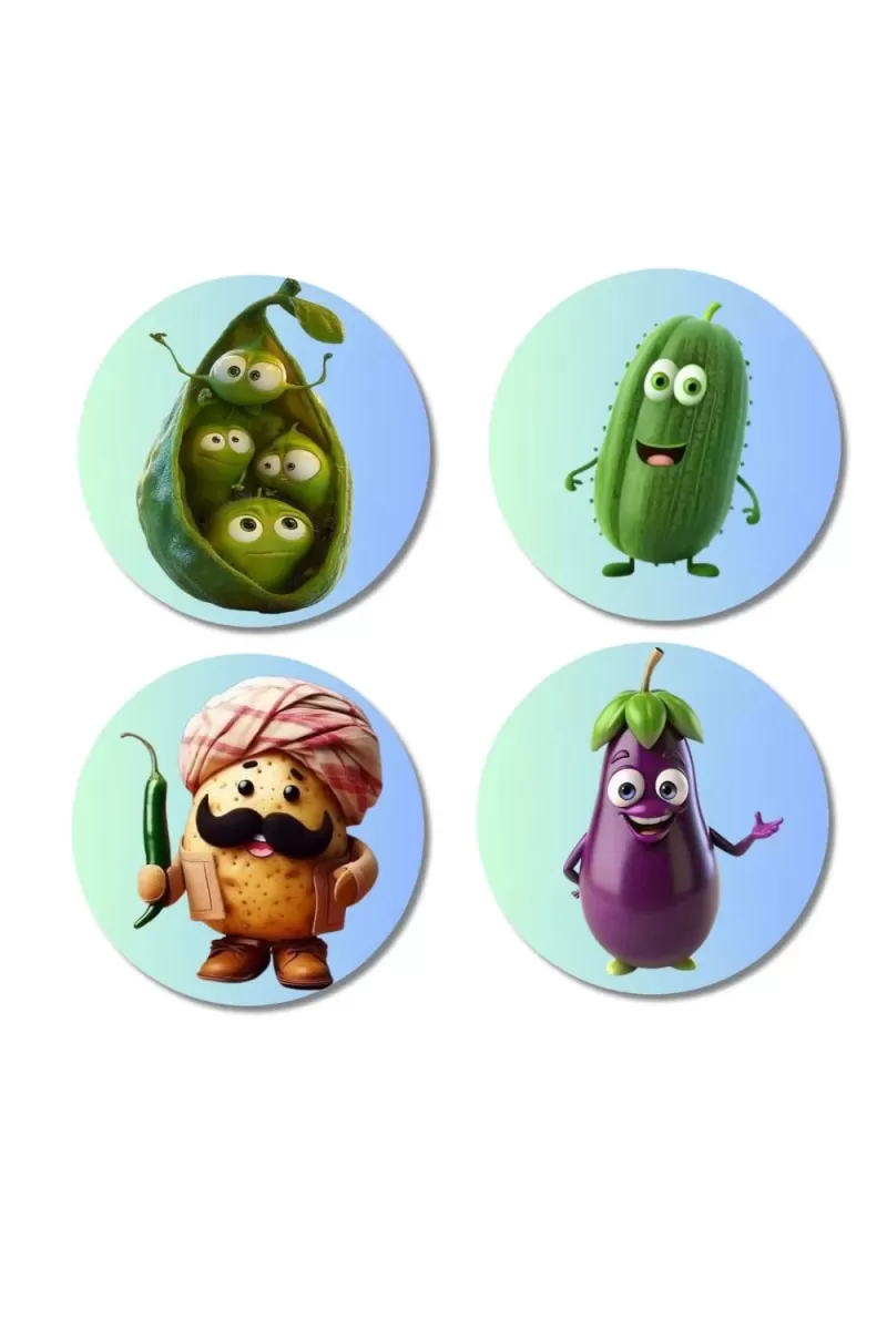 Peas, Cucumber, Potato, Eggplant Fridge Magnets Ã¢â‚¬â€œ 4 Piece Set | 3 Inch Round Wall Fridge Decor (F23301)