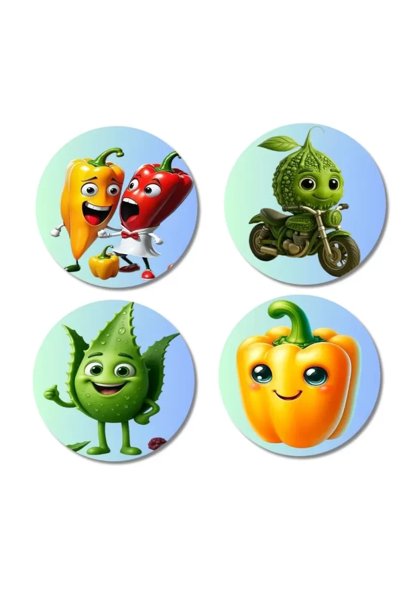 Chili, Bitter Gourd, Okra, Capsicum Fridge Magnets Ã¢â‚¬â€œ 4 Piece Set | 3 Inch Round Wall Fridge Decor (F23302)