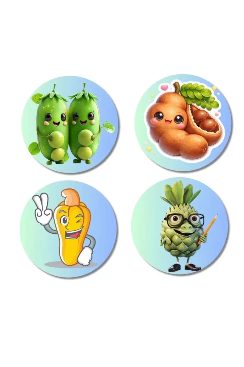 Peas, Tamarind, Corn, Custard Apple Fridge Magnets Ã¢â‚¬â€œ 4 Piece Set | 3 Inch Round Wall Fridge Decor (F23303)