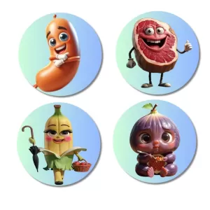 Sausage, Steak, Banana, Fig Fridge Magnets – 4 Piece Set | 3 Inch Round Wall Fridge Decor (F23304) Sausage, Steak, Banana, Fig Fridge Magnets – 4 Piece Set | 3 Inch Round Wall Fridge Decor (F23304)